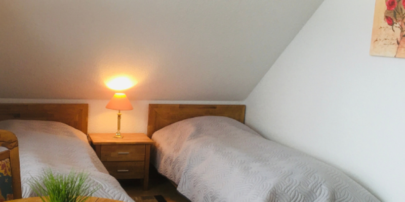 Zwei Betten in der Wohnung Klatschmohn. Eine Dachschräge am Kopfteil. Darunter ein Nachttisch mit Lampe