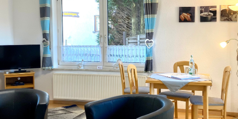 TV, Esstisch und zwei sessel in schwarz in der Wohnung Fingerhut. Mit Fenster und blau graue gestreiften Gardinen, Bilder an der Wand